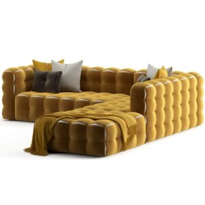 notre élégant canapé moutard et en rouge